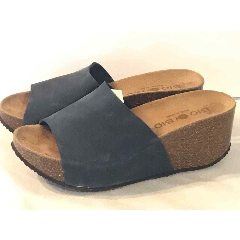 Bio Bio Wedge Slide Sandals Womens Sz 7.5 Blue Gray Made in Spain Nubuck Leather